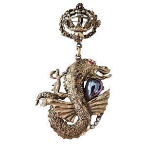 Art Nouveau Style Dragon Crown Brooch Pendant Vintage, AB Purple Pear Cab L530